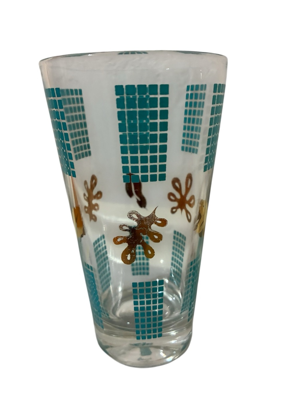 Vintage E-Z Por MCM Juice Glass Aqua Turquoise Checkerboard 22k Gold Leaf Splash